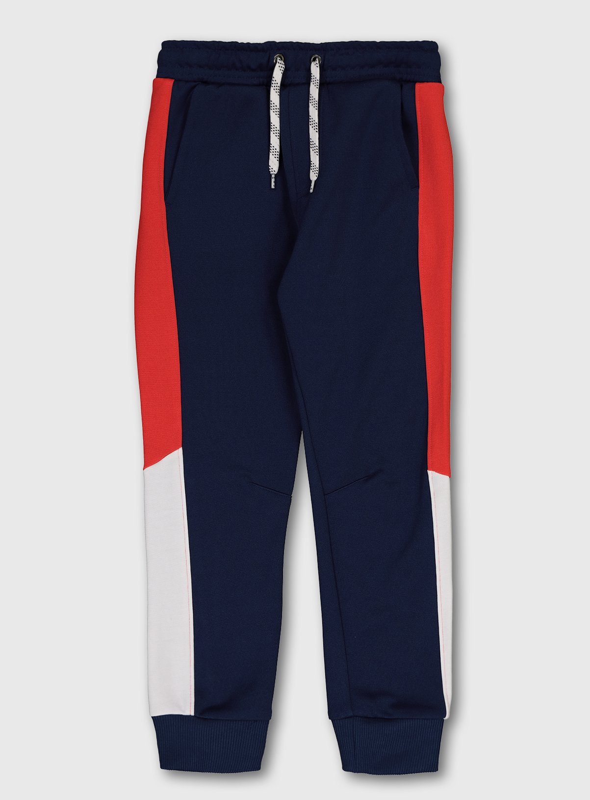 navy blue and red joggers